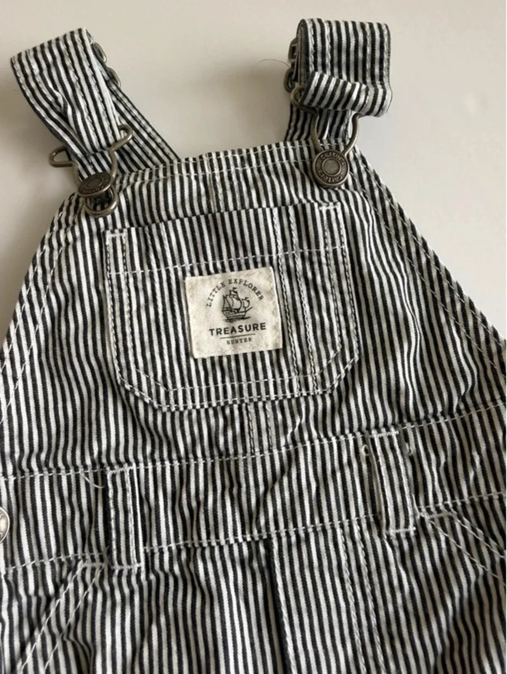 Black White Railroad Stripe Treasure Hunter Overalls 6M